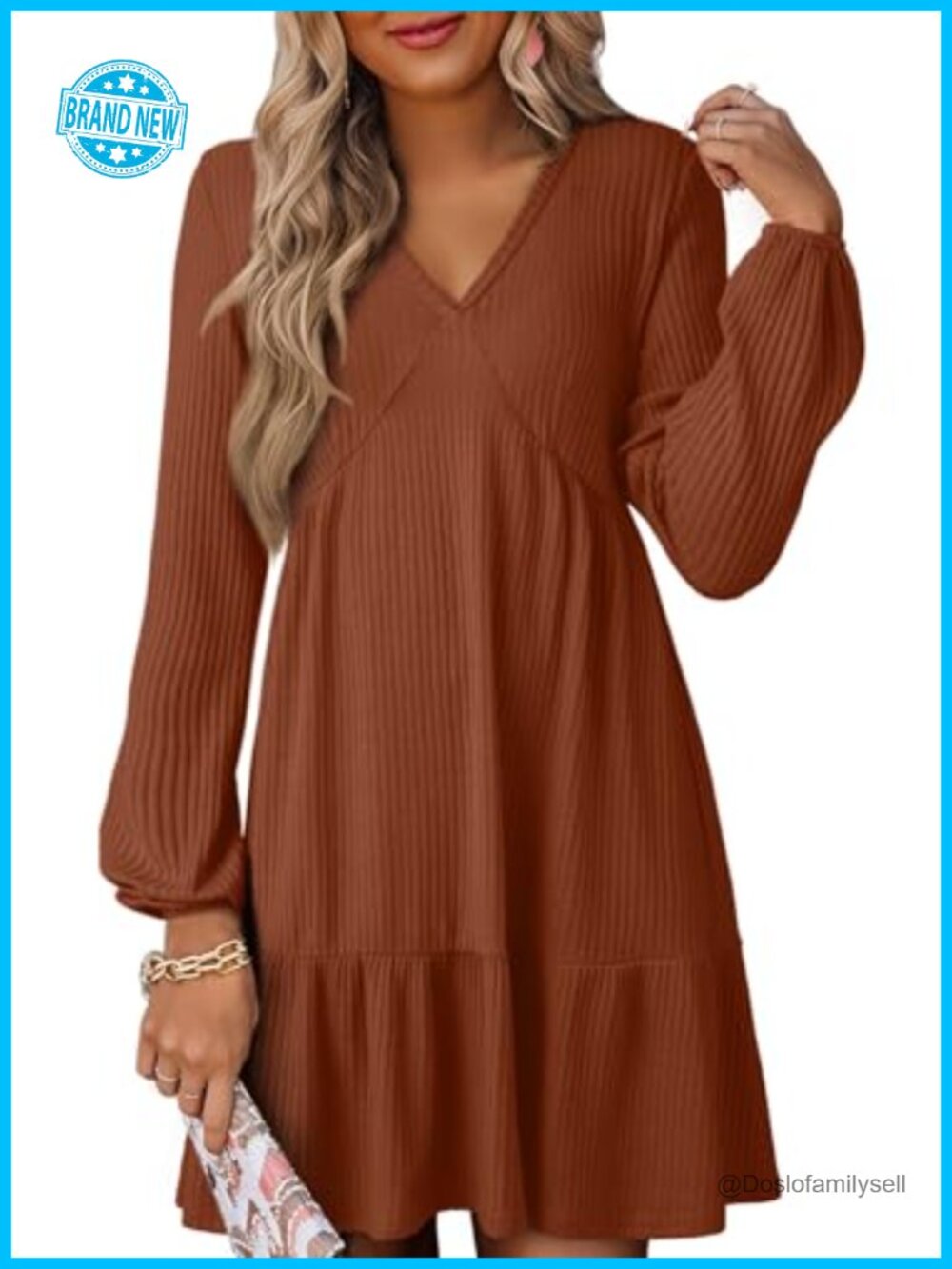Dokotoo Ribbed Knit Long Sleeve V Neck A Line Mini Dress